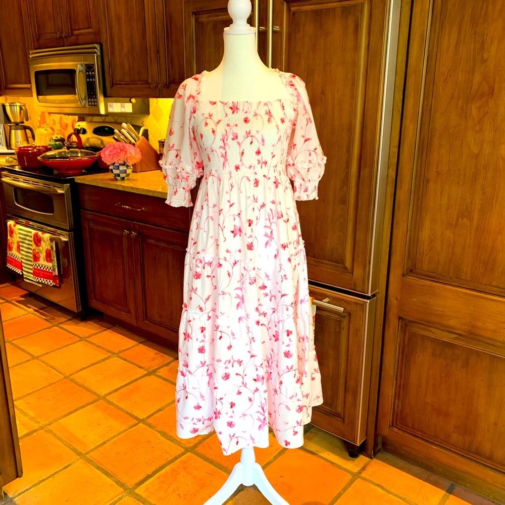 Hill House Home Nesli Tiered Sleeve Nap Dress Pink Rose Botanical Size XS